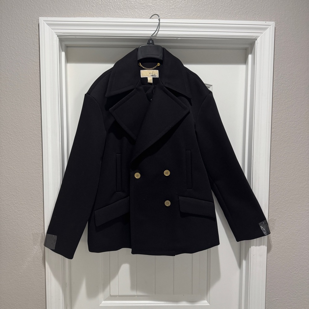 BRAND NEW Michael Kors Black Double-Breasted Peacoat w/ Gold Chain Detail